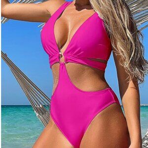 Women's Deep V Neck One Piece Swimsuit O-Ring Swimwear Sexy Cut Out Bathing Suit